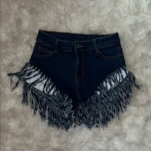 SHEIN Black Fringed High-Rise Denim Shorts